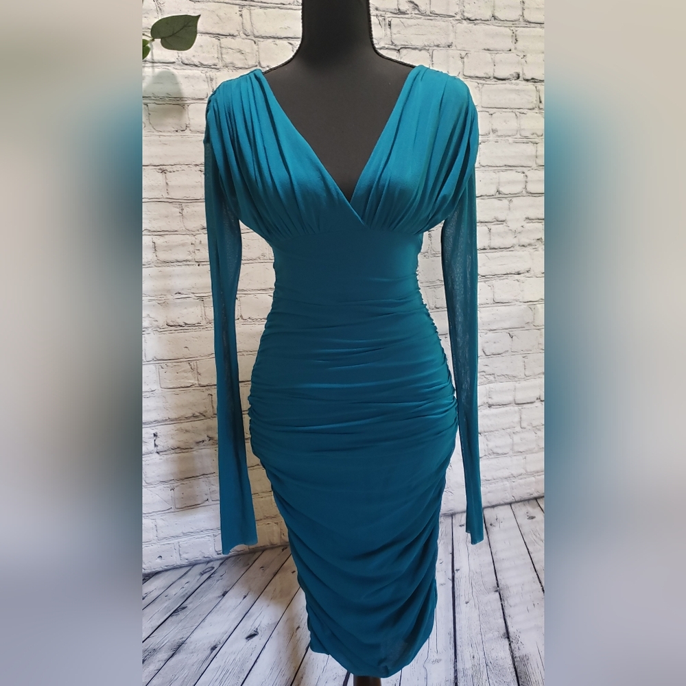 'Fuzzi By Jean Paul Gaultier 'Teal' Body Con Stretch Mesh Midi Dress. Size S